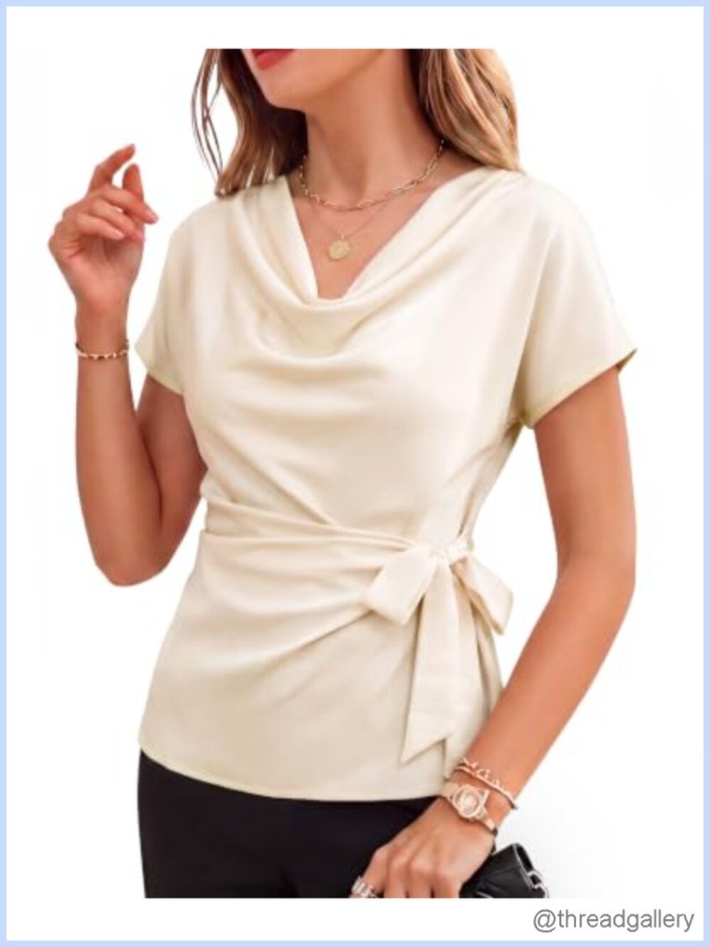 Satin Tie Waist Wrap Top Cowl Neck Cap Sleeve Blouse